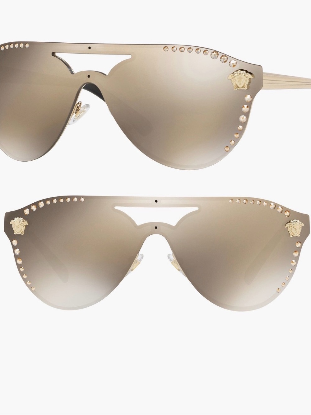 Versace Gold Shield Sunglasses with Crystal Stud Accents